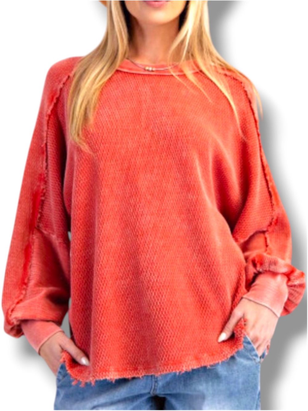 Women's Easel Textured Washed Thermal Pullover Top in Poppy Red Size 1X